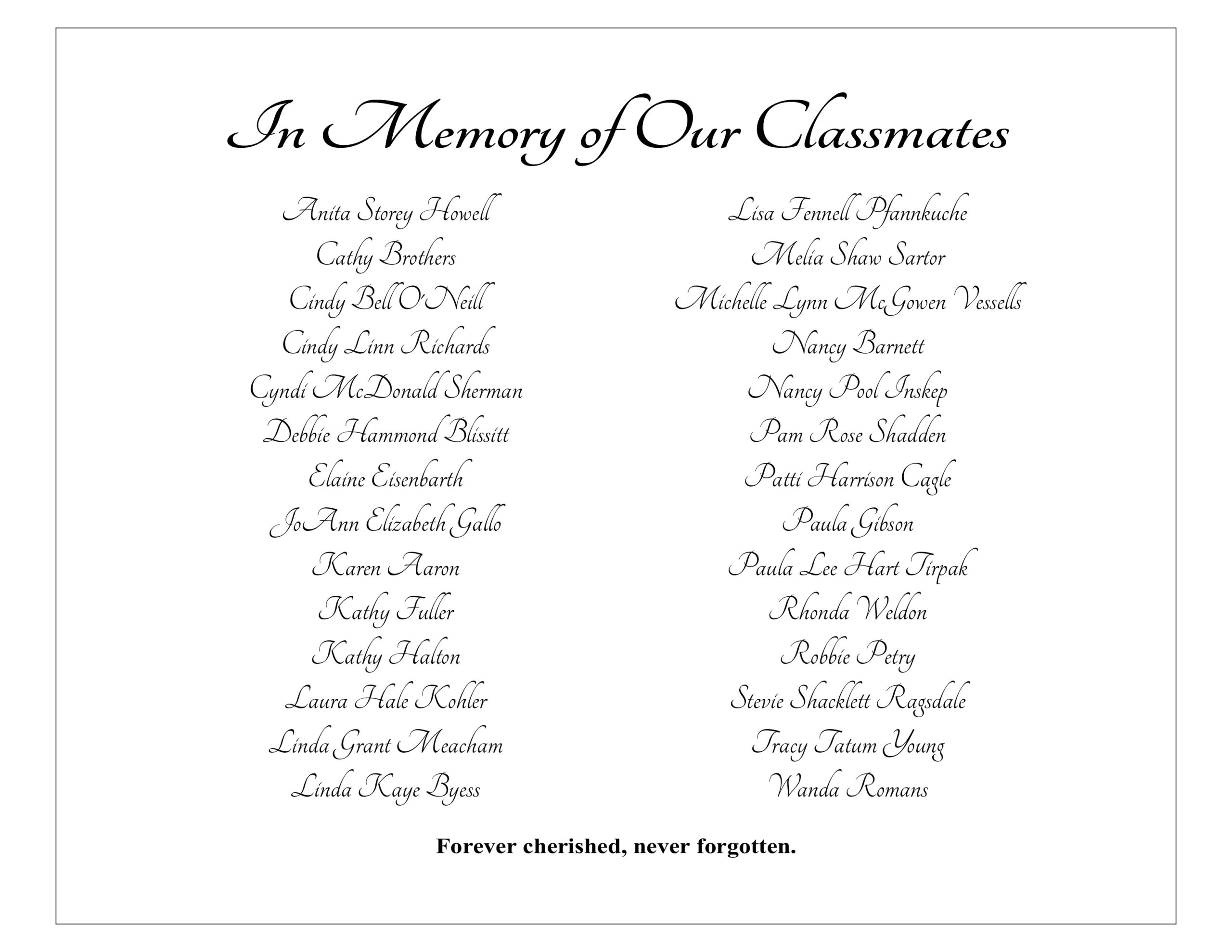 A list of deceased female classmates.